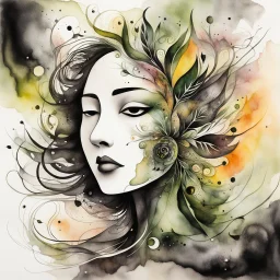 an abstract ink wash and watercolor illustration of her subconscious yearning to be as free as the wind , neo surrealism, abstract expressionism , striking, atmospheric, dreamlike, mystical, enigmatic, in the style of Joan Miro and Roberto Matta, in soft, rich plant based organic colors, hyper detailed , highly detailed feminine facial features, 4k