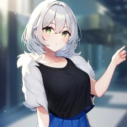 Clear focus, High resolution, light grey short hair, dark green eyes, wearing a black t-shirt and blue skirt, fluffy hair, detailed outfit