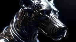 dark portrait of a detailed chrome cyber dog with jewellery on a low gravity world. alien mega structures everywhere. futuristic. photoreal