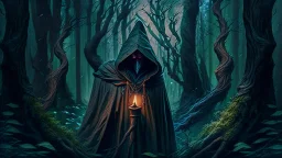 The hooded sorcerer in the forest