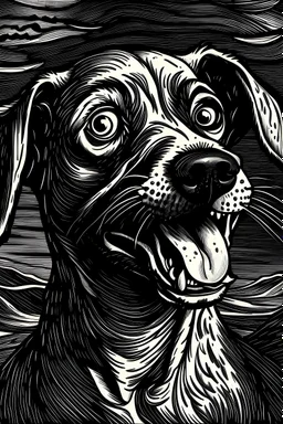 An artistic painting engraved and printed in black and white, drawing a complete frightened dog in the style of Picasso In the style of Rembrandt