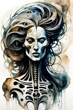 Picasso and Peter Gric style ink wash and watercolor, full body illustration of a biomechanical woman , highly detailed facial features, mixed to anatomical body view, visible skeleton, wildly flowing hair, 8k octane, all in focus, clean face, no grain, concept art