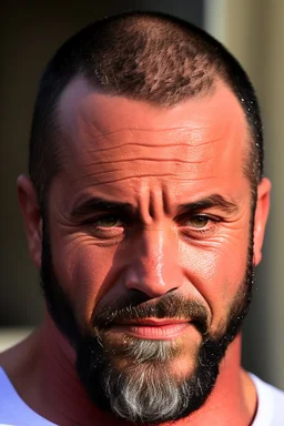 extreme close up photography of a wet sweat beefy and very virile 44-year-old burly turkish construction worker, long beard, bullneck, in tank top, bulge, works hard very sweaty on a construction site in the sun, underlines the shine of the sweat in the sun's rays and the fatigue of the muscles, manly chest, , big legs, big belly , side view, photorealistic , side light