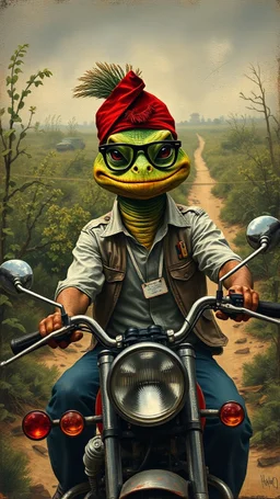 A man with a Lizard face wearing a Fez and eyeglasses on a motorbike, in a forgotten battlefield overrun by vegetation, cutesy tiktok detailed oil painting, grainy, old style