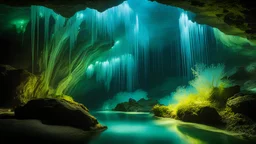 A vast underground cavern filled with enormous crystals that emit a soft, pulsating light. A subterranean river winds through the cavern, its waters sparkling with bioluminescent algae, while iridescent fish swim gracefully within. Award-winning photograph, 80mm focal length, rule of thirds.