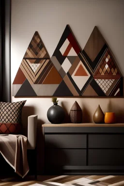 Paint rectangular canvases in different sizes Arrange triangles in a tribal-inspired pattern, forming a rich and intricate tapestry across the wall. Color Palette: Earthy brown, terracotta red, desert sand, deep black.