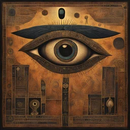 Dramatic eye of Horus gazing into the abyss, creepy Egyptian tomb hieroglyphics, painting, symbolic art, sinister abstract surrealism, by Squeak Carnwath and Zio Ziegler and Petros Afshar, warm colors, maximalism, mind-bending horror illustration, dark colors, artistic diffusion