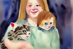 One cute smiling Norwegian girl is holding a kitten. Watercolour