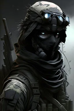 A soldier in the game modern warfare, he wears a solid black creepy helmet that covers his face. He is a sniper, but can also run point. His call sign is Wraith. With him is a woman