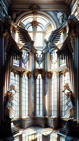 A beautiful image of the windows of the luxurious palace hall with two winged angel statues