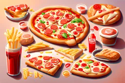 Pizza, sandwich, baguette bread, french fries, pizza cheese, soft drink and sauce