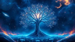 Tree of life in the center with luminous branches in a space of blue, light, water, ice, fire and galaxy in a psychedelic space