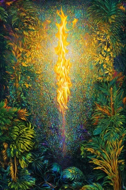Ignite your dreams; Surrealism inspired by Klimt and Hundertwasser; Golden Hour; Iridescent; Controversial; Supremely Detailed; Jungle Foliage Palette