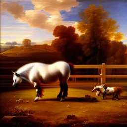 shetland pony, fence, field, oil painting, by Nicolas Poussin