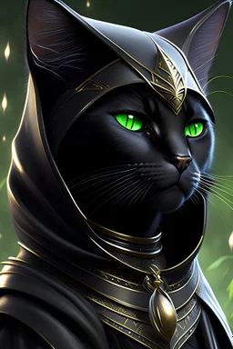 Tabaxi humanoid sorceress character, black panther face with black fur, physically fit, cat ears, nature, far, black cloak trimmed with silver, white tufts of fur coming out of ears, waist up portrait, intricate, oil on canvas, masterpiece, expert, insanely detailed, 8k resolution, retroanime style, cute big circular reflective green eyes, cinematic smooth, intricate detail , soft smooth lighting, soft pastel colors, painted Renaissance style