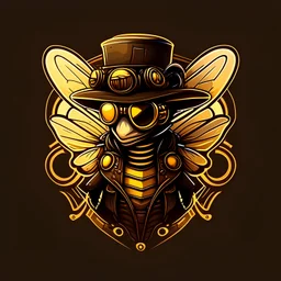 logo profile full body bee wearing steampunk googles and hat, flat cartoon style dark background