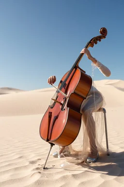 The whole body of Maniquí de glassy Artist mader playing the cello in the desert sands