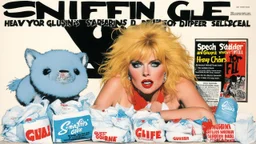 SNIFFIN’ GLUE magazine high res photo cover by Ralph Steadman: special 'heavy chains and diapers from hell for her' issue; guest star: youthful Ginger Lynn storing fresh diapers in a closet