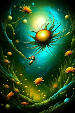 A beautiful colorful Dragonfly on a white flower Bosch painting style nightmare