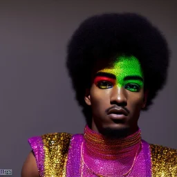 full body shot, masterpiece, best quality, man of median age, black skinned, sparkling eyes, fluorescent skin, colorful makeup, afro, highly detailed body, afrofuturism, scifi, sun light, 4K, RAW, depth of field, high contrast, realistic details, 24mm