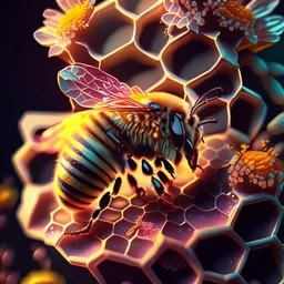 honey bee with flowers on top of honeycomb vintage style mood soft earthy colors Modifiers: elegant intricate 8k very attractive beautiful dynamic lighting ultra detailed 4K 3D crisp quality colourful hdr cinematic postprocessing Ultra realistic glowing Iridescent