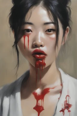 a mixture of ChineseJapaneseKoreanFilipinoThai, prostitute with a black eye and a fat lip and blood dripping from her mouth, oil painting by Zushia Zalarngo