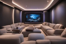 a dedicated home cinema room with LED ambient lighting in the walls