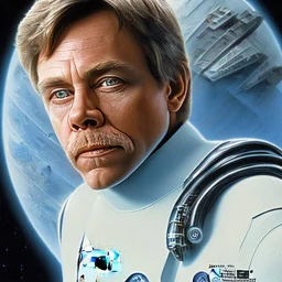 extremely detailed 8k hyperspace wallpaper,complete and photo realistic detailed head to waist stunning photo realistic portrait of mark hamill as luke skywalker in star wars with short lenght, Symmetrical, soft, fine, warm, photo realistic hair, blue eyes, professional majestic photo realistic painting by Ed Blinkey, Atey Ghailan, by Jeremy Mann, Greg Manchess, Antonio Moro, trending on ArtStation, Intricate, High Detail, Sharp focus,dramatic, by greg rutkowski,careworn face,space outfit