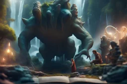 book cover illustration of archeologists discovering woodland creatures in Rivendell worshipping big fat alien statues and idols like from a myth or legend, on a strange planet with weird colors and waterfalls, bokeh like f/0.8, tilt-shift lens 8k, high detail, smooth render, down-light, unreal engine, prize winning