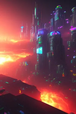 energy beam from the sky destroys a cyberpunk city, sunset, ambience, eerie, 8k, wallpaper