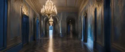 royal castle hallway, night, blue color