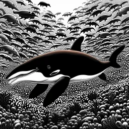 a very detailed orca in the ocean surrounded by a school of little fishes. Realistic, underwater world, enchanting, dangerous.