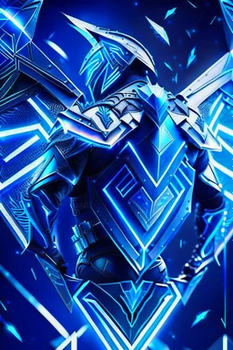 neon blue, flying parts of armor in form of triangles, cyber armor, geometric patterns on armor, male, orbiting triangle