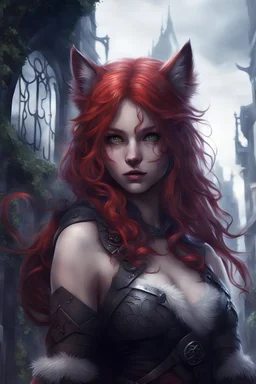 CAT GIRL, FANTASY, VINES, SOULLESS, FLUFFY TAIL, VIKING RED HAIR, METAL, CITY