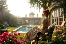 a luxury villa yard with pool in center and pretty plants trees flowers, morning mist, lost paradise atmosphere,a pretty model lady in victorian clothing resting in a comfort far in villa yard in flowers .