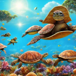 happy turtles, ocean, beach with trees, bright sun