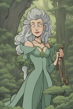 [Disenchantment, Ursula] Deep within the heart of the enchanting forest, where the towering trees swayed in the breeze and the melodies of nature filled the air, Ursula, a tall and imposing figure, embarked on an unexpected journey. Her robust build and sturdy physique made her stand out against the backdrop of lush greenery. Ursula, known for her role as a warrior and protector of Dreamland, had entered the forest with a purpose. In her human form, she bore wild, blond hair that flowed untame