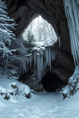 A super high-resolution 2 terapixel photograph of cave in January. The scene captures the intricate frost formations on the cave entrances and the surrounding trees, with a gentle snowfall adding to the winter wonderland effect. The dim winter light creates a mystical ambiance around the cave formations. Captured with a Nikon Z7 II and a 24-70mm f/2.8 lens, focusing on the serene, frozen beauty of the park.