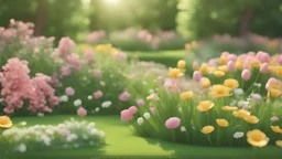 beautiful spring garden with flowers and lawn grass, 3D illustration