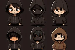 6 very simple and cute dark cartoon characters that I could draw with hoodies