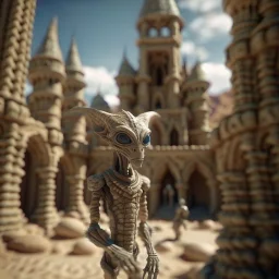 alien elf in castle in the desert, photo-realistic, shot on Hasselblad h6d-400c, zeiss prime lens, bokeh like f/0.8, tilt-shift lens 8k, high detail, smooth render, down-light, unreal engine, downlight