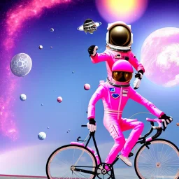 astronaut in pink suit flying through space on a bicycle in the style of Disney Pixar