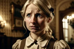 ww1 almost crying blonde maid talking close-up standing up looking to the camera, ww1 mansion room background