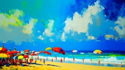Impressionist painting of a beach with figures under brightly colored umbrellas, under a blue sky and white clouds.