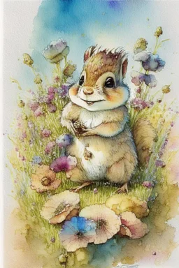 a cheerful cute furry fluffy chibi chipmunk holding a beautiful big raisin on the green field with flowers S<AI by Jean-Baptiste Monge, watercolor and ink, intricate details, fantasy, beautiful, award winning, colorful, fantastic view, crisp quality, in sunshine