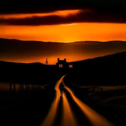 dark night, orange sunset colors in the sky, a lonely cottage with the lights on in the distance on a mountain, a lonely dark figure walking down the road