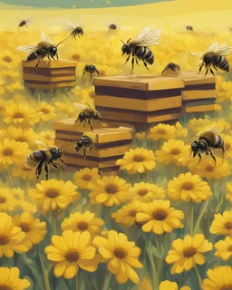 bees on hives on a yellow flower field, abstract illustration