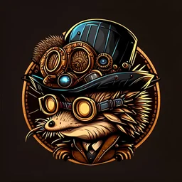 logo profile hedgehog wearing steampunk googles and hat, flat cartoon style dark background