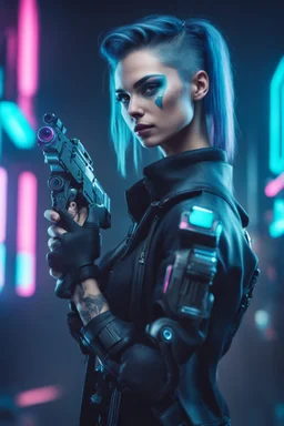 Beautiful augmented cyberpunk woman with gun in hand