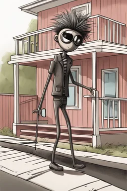 drawing of a stickman, cool with punk hair, x eyes like in hangman, driving a porch, 3d realistic in colour